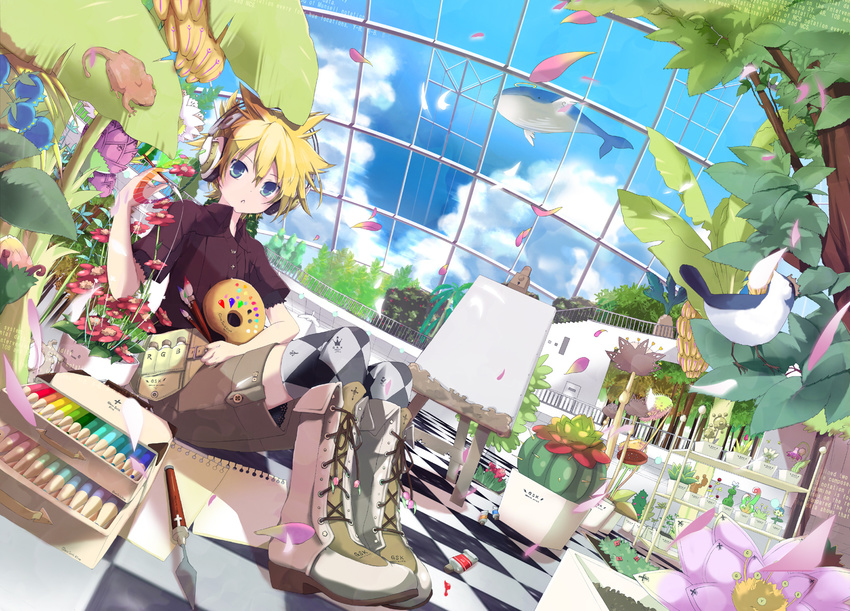 argyle argyle_legwear art_brush blonde_hair blue_eyes boots flower headphones hekicha highres kagamine_len male_focus over-kneehighs paint paintbrush painting palette solo surreal thighhighs vocaloid whale