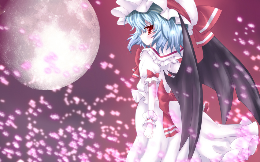 absurdres bat_wings blue_hair blush cicin hat highres moon red_eyes remilia_scarlet solo touhou wings