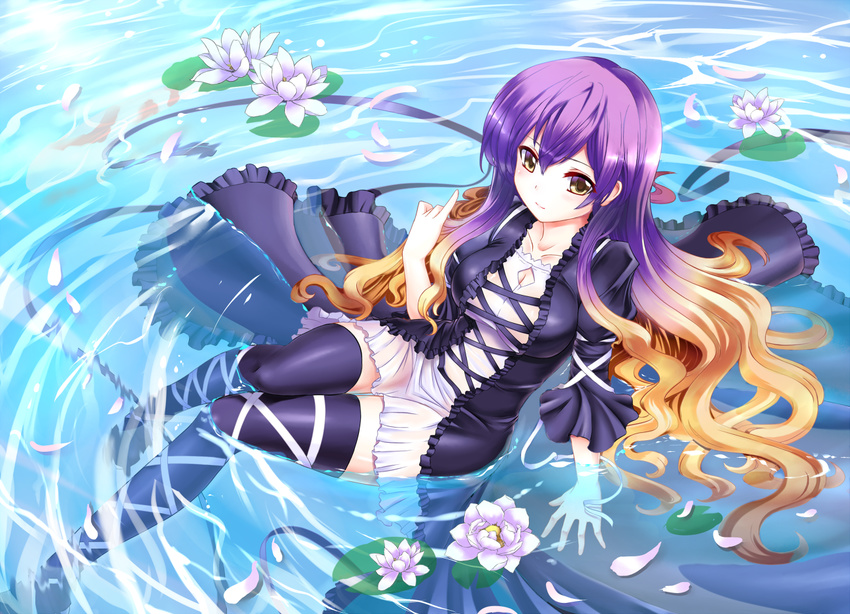 arm_support black_legwear blonde_hair boots breasts cleavage dress flower from_above gradient_hair hijiri_byakuren large_breasts light_smile lily_pad long_hair miyuki_rei multicolored_hair pinky_out purple_hair ribbon short_dress sitting solo submerged thigh_boots thighhighs touhou water wet wet_clothes yellow_eyes zettai_ryouiki