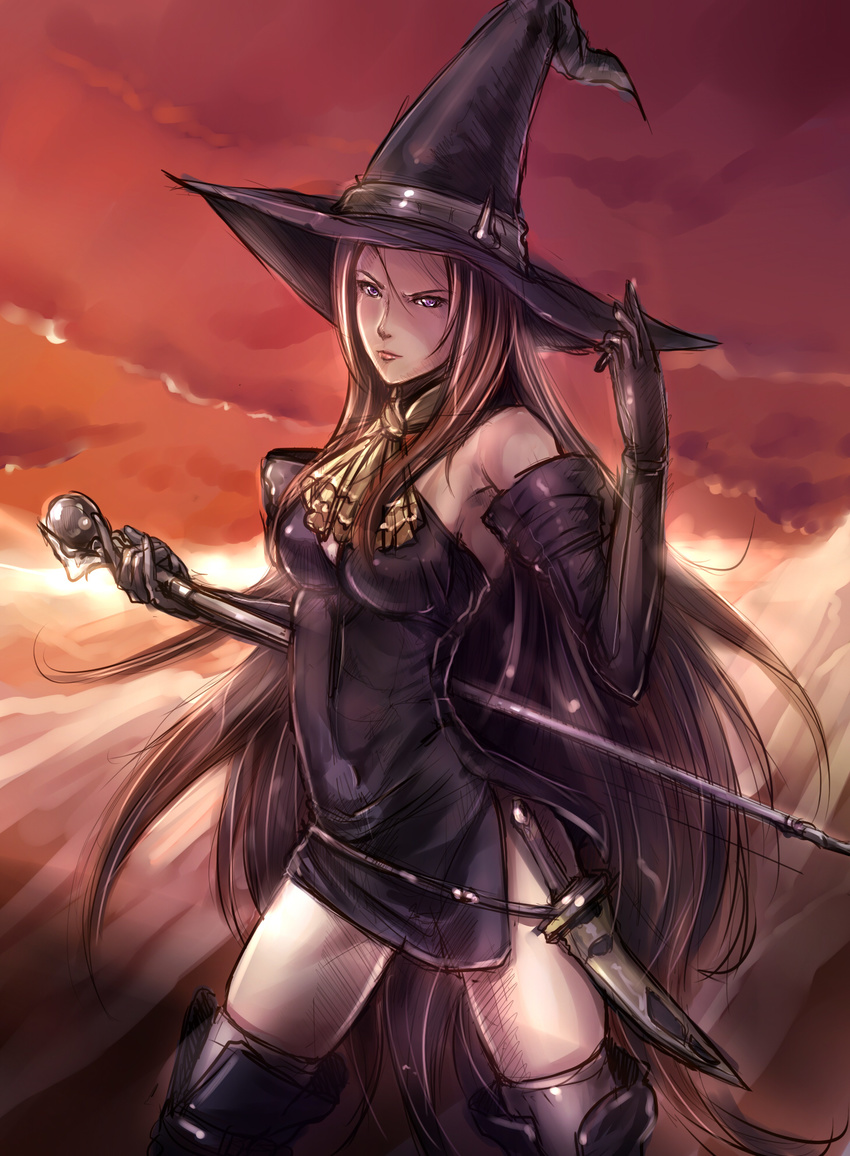 bad_id bad_pixiv_id brown_hair cloud dagger elbow_gloves gloves hat highres kazeno long_hair purple_eyes sketch solo staff tactics_ogre thighhighs weapon witch_(tactics_ogre) witch_hat