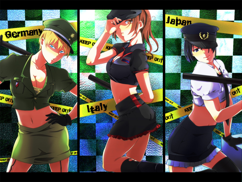 adapted_uniform ahoge axis_powers_hetalia bad_id bad_pixiv_id black_hair blonde_hair breasts brown_hair caution_tape cleavage genderswap genderswap_(mtf) germany_(hetalia) hat japan_(hetalia) keep_out large_breasts multiple_girls navel northern_italy_(hetalia) otonashi police police_uniform short_hair thighhighs uniform