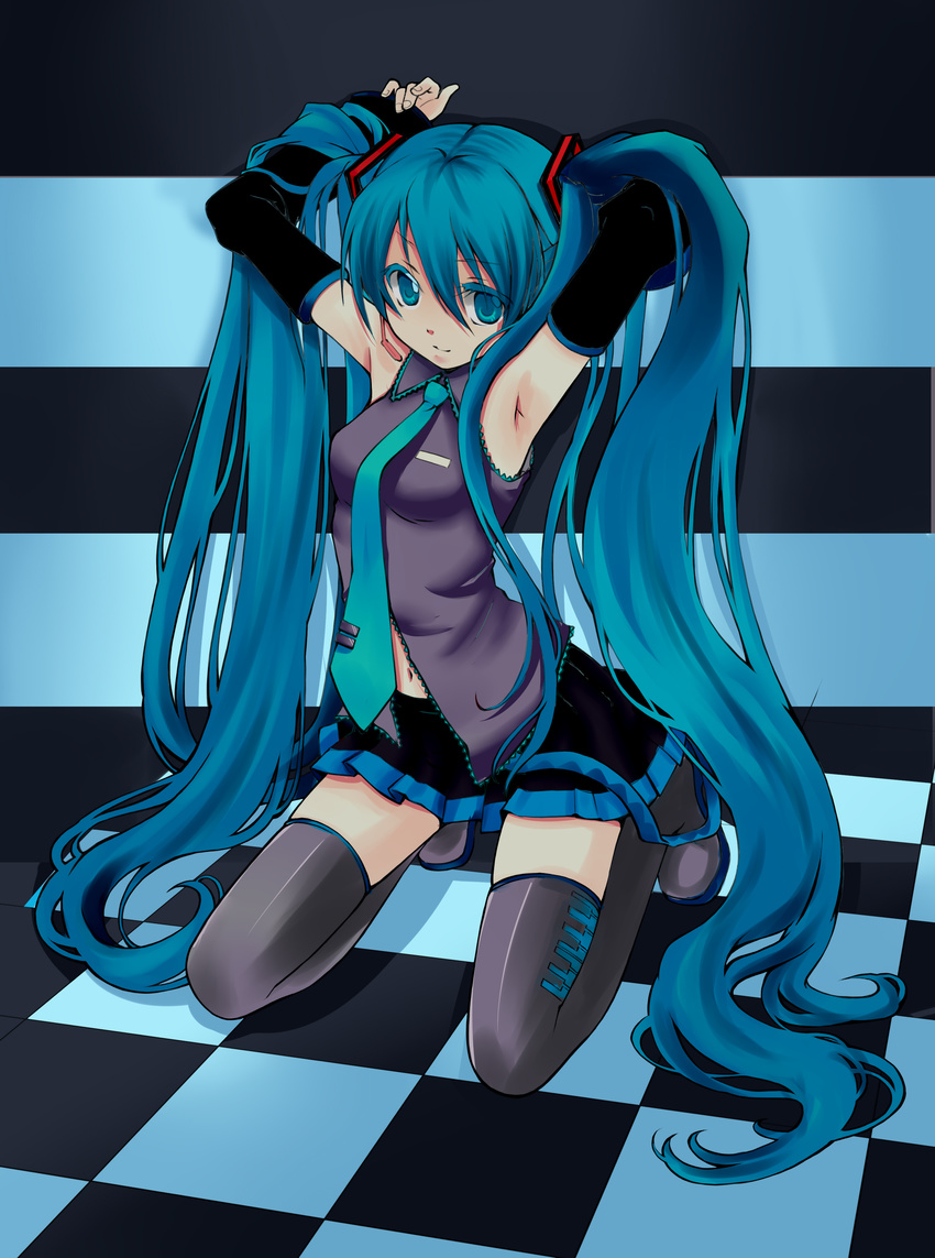 absurdres aqua_eyes aqua_hair armpits arms_up black_legwear checkered checkered_floor colorized detached_sleeves ginta hatsune_miku highres kneeling long_hair navel necktie perspective raiyume_(891311) seiza sitting skindentation solo thighhighs twintails very_long_hair vocaloid zettai_ryouiki