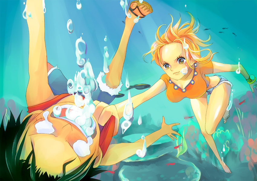 1girl air_bubble asphyxiation bangle barefoot bracelet breath brown_eyes bubble drowning fish foreshortening freediving himerinco jewelry log_pose monkey_d_luffy nami_(one_piece) one_piece orange_hair rescue sandals scar short_shorts shorts submerged swimming underwater upside-down