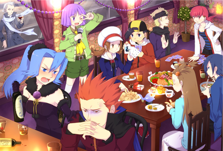 6+boys :t adapted_costume akane_(pokemon) alternate_costume bad_id bad_pixiv_id blue_hair breasts card cleavage dragonair dragonite eevee food formal gen_1_pokemon gen_2_pokemon gold_(pokemon) hat hayato_(pokemon) highres holding holding_card ibuki_(pokemon) kotone_(pokemon) lanturn lying_card matsuba_(pokemon) medium_breasts microphone mikan_(pokemon) multiple_boys multiple_girls okitsune_(okitsune-sama) pikachu pinky_out playing_card playing_games pocky poke_ball poke_ball_theme pokemon pokemon_(creature) pokemon_(game) pokemon_hgss pun small_breasts thighhighs tsukushi_(pokemon) two_side_up umbreon v vulpix wataru_(pokemon) yanagi_(pokemon)