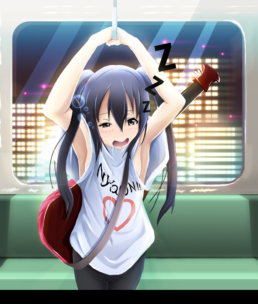 armpits arms_up bad_id bad_pixiv_id black_eyes black_hair drooling guitar hand_grip heart highres instrument k-on! kazuna nakano_azusa saliva solo train_interior twintails