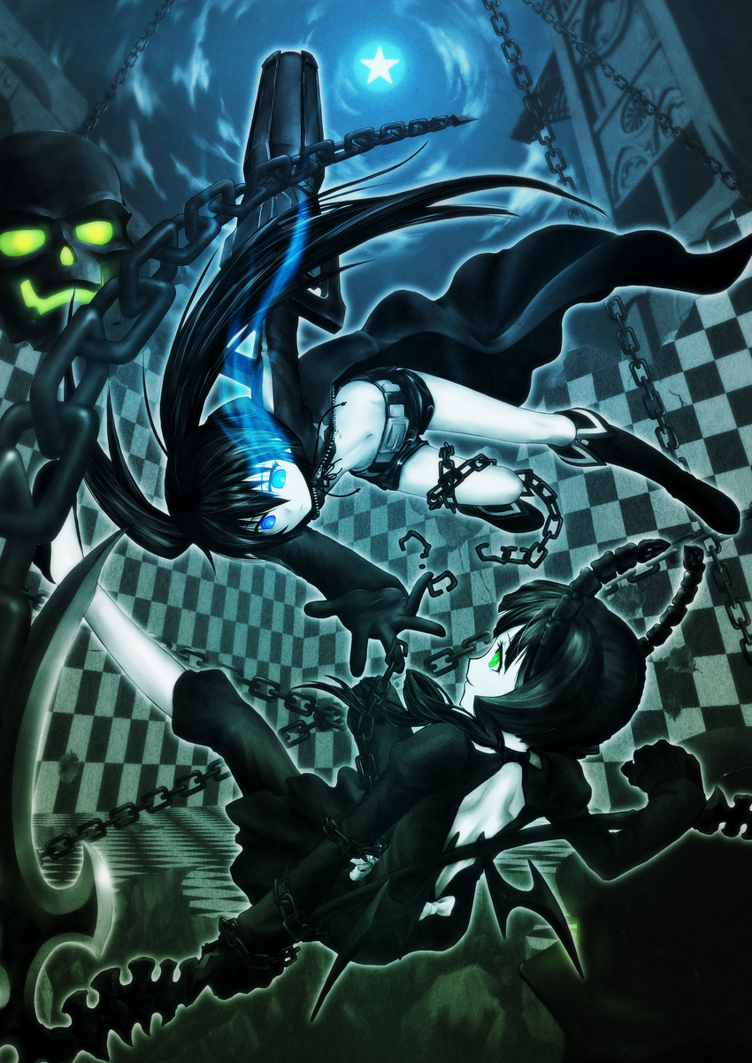 absurdres arm_cannon belt bikini_top black_hair black_rock_shooter black_rock_shooter_(character) blue_eyes boots burning_eye chain checkered checkered_floor dead_master dress front-tie_top gloves glowing glowing_eyes green_eyes highres horns jacket kizawa_hiroto long_hair multiple_girls navel outstretched_hand reaching scar scythe short_shorts shorts skull smile star stitches twintails very_long_hair weapon wings