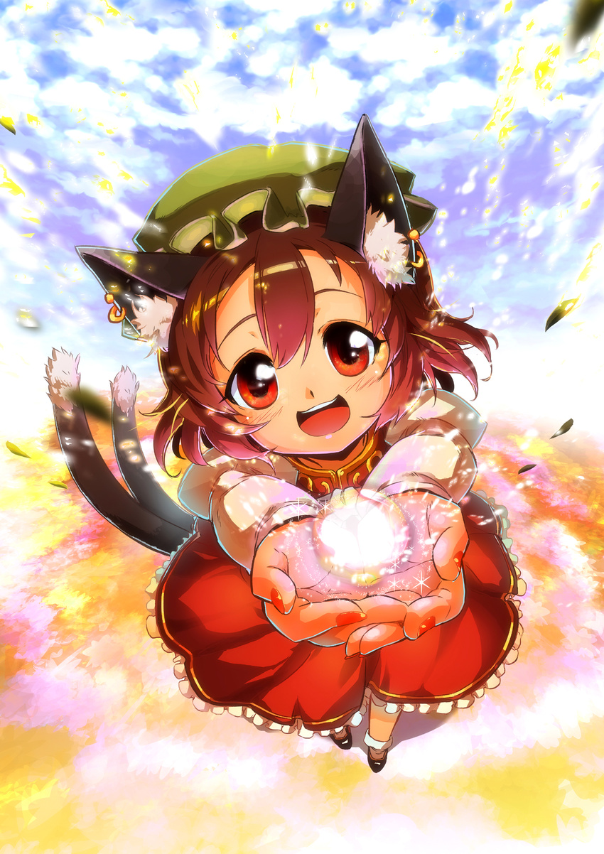animal_ears brown_hair cat_ears cat_tail chen earrings field flower flower_field foreshortening glowing happy hat highres im_(badmasa) jewelry looking_at_viewer magic multiple_tails nail_polish open_mouth outstretched_hand petals red_eyes red_nails short_hair smile solo tail tareme touhou