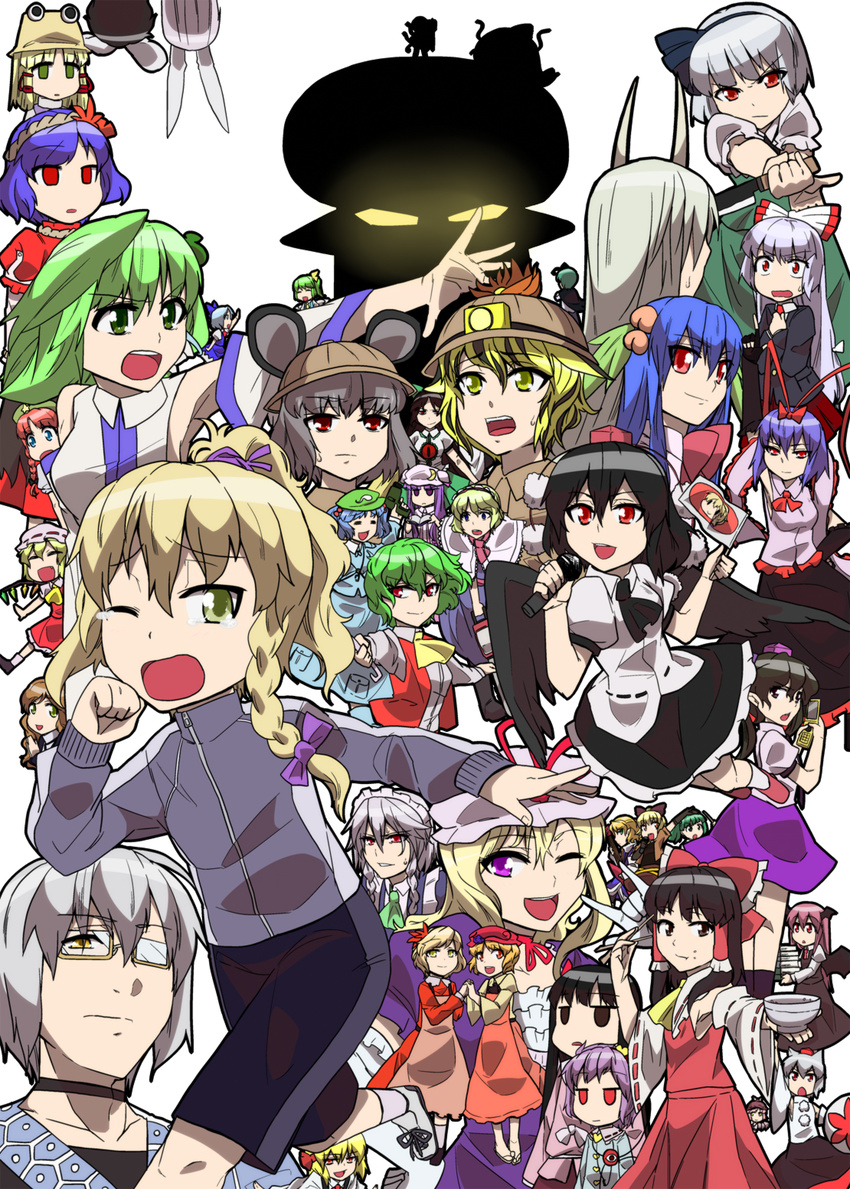 \m/ aki_minoriko aki_shizuha alice_margatroid alternate_costume alternate_hairstyle animal_ears ascot black_hair blonde_hair blue_eyes blue_hair book bow bowl braid brown_eyes bunny_ears cape cellphone chopsticks cirno cosplay daiyousei detached_sleeves everyone ex-keine flandre_scarlet food food_on_face fruit fujiwara_no_mokou glasses grapes green_eyes green_hair grey_hair hair_bow hair_tubes hakurei_reimu heart highres hijiri_byakuren himekaidou_hatate hinanawi_tenshi hisou_tensoku hong_meiling houraisan_kaguya inaba_tewi inubashiri_momiji izayoi_sakuya jeno jitome kamishirasawa_keine kawashiro_nitori kazami_yuuka kirisame_marisa kisume koakuma kochiya_sanae komeiji_satori konpaku_youmu kurodani_yamame maid_headdress microphone mizuhashi_parsee morichika_rinnosuke moriya_suwako multiple_girls mystia_lorelei nagae_iku namazu nazrin orange_hair patchouli_knowledge peach phone ponytail purple_eyes purple_hair red_eyes red_hair reisen_udongein_inaba reisen_udongein_inaba_(cosplay) reiuji_utsuho rice rice_bowl rice_on_face rumia school_uniform shameimaru_aya shield side_braid skirt skirt_set third_eye toramaru_shou touhou track_suit vest wolf_ears wriggle_nightbug yakumo_yukari yasaka_kanako yellow_eyes