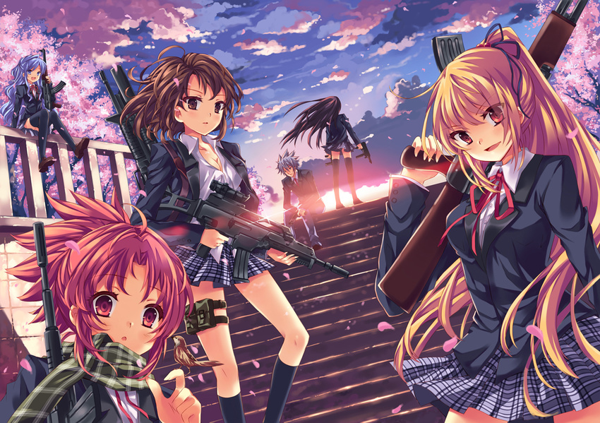 4girls ak-47 assault_rifle bad_id bad_pixiv_id blonde_hair blue_hair blush breasts brown_eyes brown_hair cherry_blossoms cleavage g36 grenade_launcher gun heckler_&amp;_koch long_hair m203 m4_carbine medium_breasts miniskirt multiple_girls orange_hair otacool peach_(momozen) petals plaid plaid_scarf plaid_skirt ponytail red_eyes red_hair rifle scarf school_uniform scope sitting skirt stairs sunset thigh_strap thighhighs underbarrel_grenade_launcher weapon wind