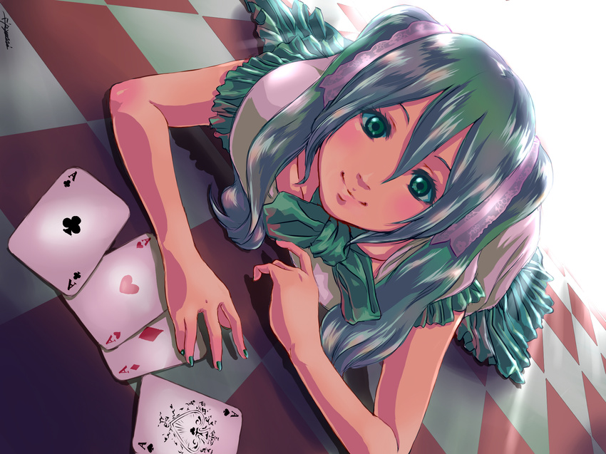 ace aqua_eyes aqua_hair card checkered checkered_floor club_(shape) diamond_(shape) dutch_angle green_nails hatsune_miku heart highres long_hair looking_at_viewer lying nail_polish on_stomach perspective playing_card ryon smile solo spade_(shape) twintails vocaloid