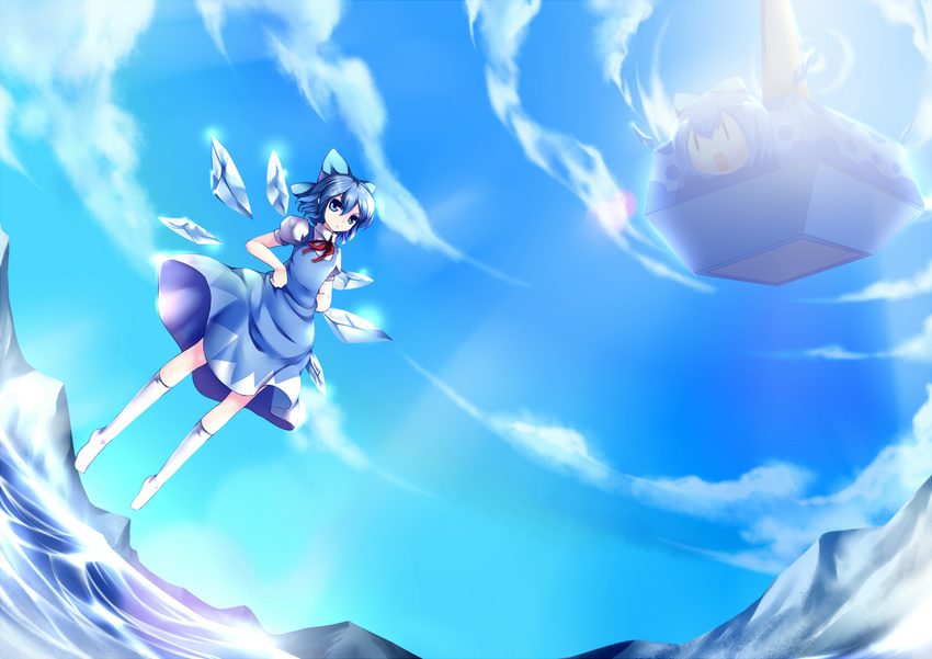 blue_eyes blue_hair bow cirno cloud day dress hair_bow highres huangquan_dong_(sinchi) ice short_hair socks solo touhou wings