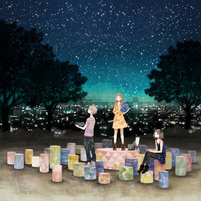 2girls animal ankle_boots black_legwear boots bow brown_eyes brown_hair building dress hair_bow holding lights multiple_girls night night_sky original pantyhose sitting sky standing star_(sky) starry_sky tree yuuko_(nora0x0)