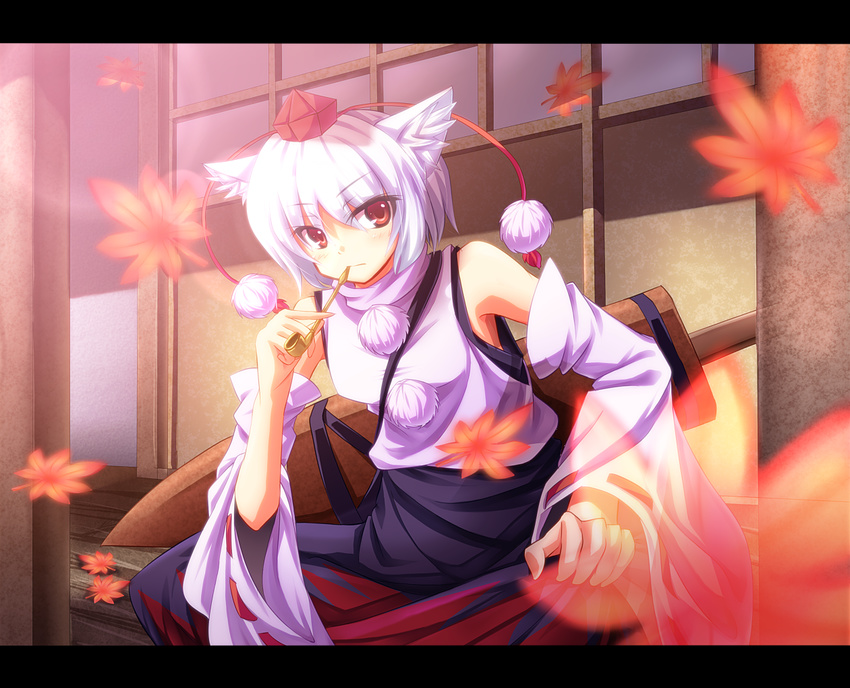 animal_ears bare_shoulders detached_sleeves hat inubashiri_momiji kiseru leaf lens_flare letterboxed pipe red_eyes ryosios short_hair silver_hair sitting solo sword tokin_hat touhou veranda weapon white_hair wolf_ears