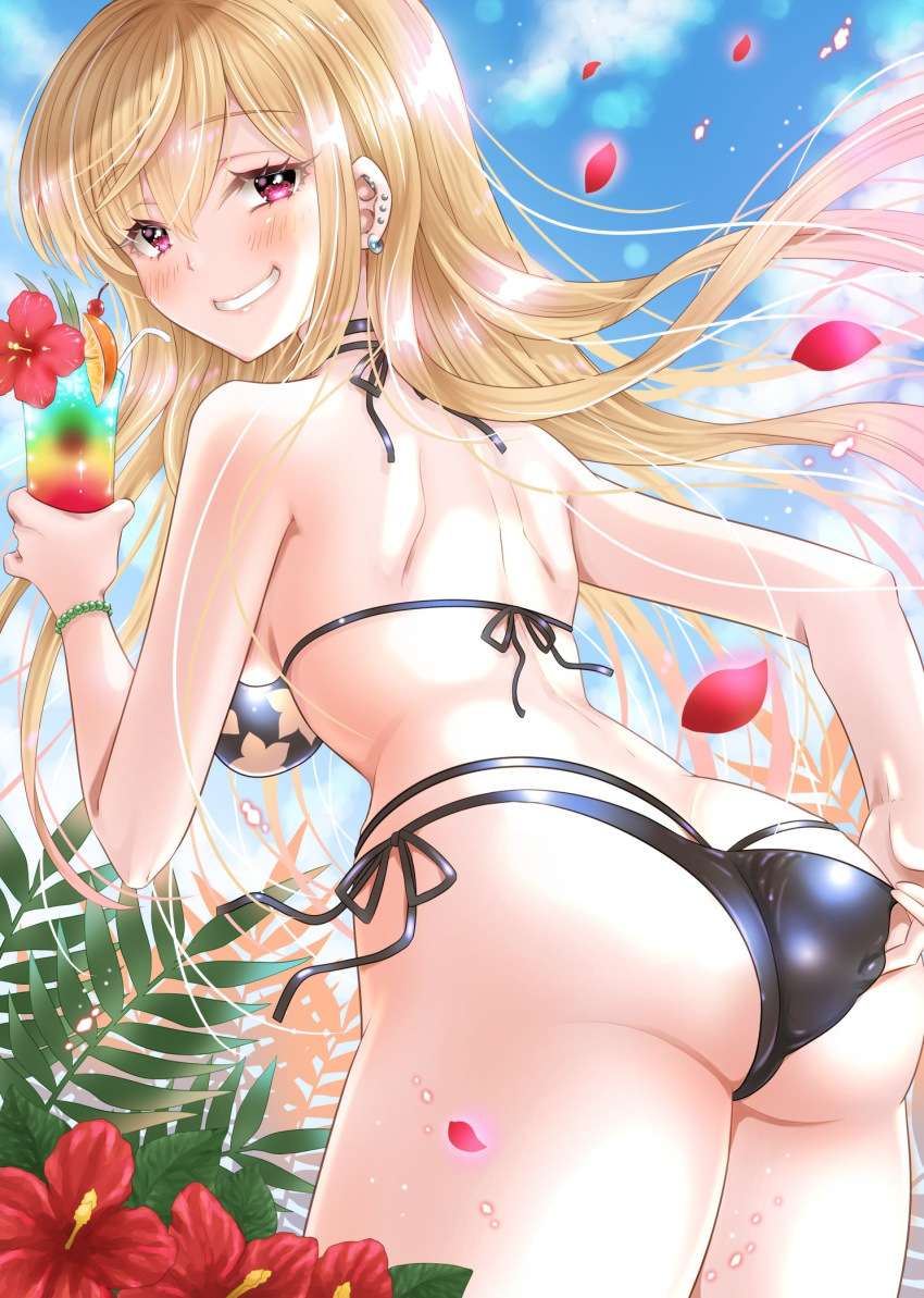 1girl barbell_piercing bikini black_bikini black_choker blush breasts choker cosplay cup ear_piercing fake_nails floral_print flower highres holding holding_cup industrial_piercing kitagawa_marin kuroe_shizuku kuroe_shizuku_(cosplay) large_breasts long_hair looking_at_viewer looking_back multi-strapped_bikini_bottom multicolored_hair outdoors piercing print_bikini red_eyes smile solo sono_bisque_doll_wa_koi_wo_suru swimsuit uonuma_yuu