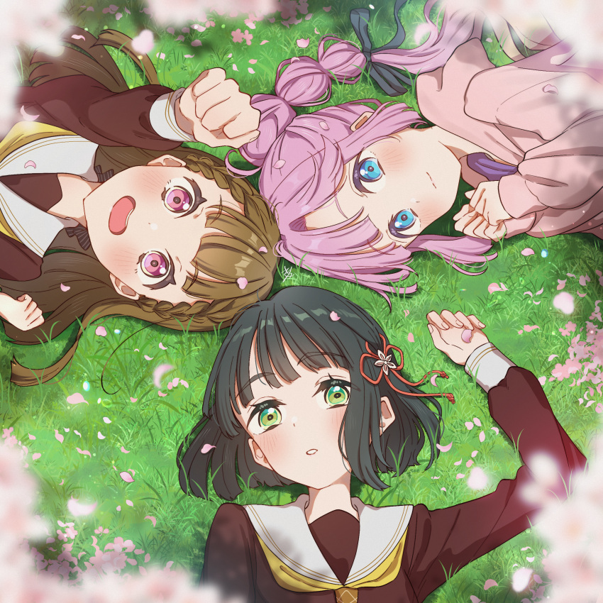 3girls :3 :d absurdres anyoji_hime arm_up black_hair black_ribbon blonde_hair blue_eyes blunt_bangs blunt_ends blurry blurry_foreground blush braid brown_hair center-flap_bangs circle_formation commentary dress falling_petals flower from_above gradient_hair green_eyes hair_flower hair_ornament hair_ribbon hasu_no_sora_school_uniform highres jacket kachimachi_kosuzu kyaku_tasu link!_like!_love_live! long_hair long_sleeves looking_at_viewer love_live! lying momose_ginko multi-tied_hair multicolored_hair multiple_girls neckerchief on_back on_grass on_side open_mouth own_hands_together petals pink_eyes pink_hair pink_jacket pleated_dress ponytail ribbon sailor_collar school_uniform short_hair side_braids sidelocks smile straight_hair virtual_youtuber white_sailor_collar winter_uniform yellow_neckerchief