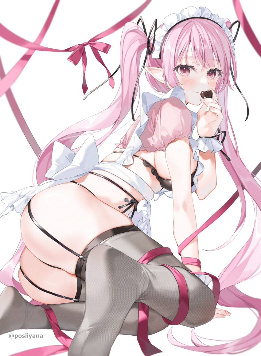 1girl apron bikini black_bikini black_bow black_thighhighs blush bow candy chocolate food garter_straps hair_bow heart heart-shaped_chocolate highres holding holding_chocolate holding_food long_hair looking_at_viewer maid_headdress original pink_bow pink_eyes pink_hair pink_ribbon pointy_ears ribbon shrug_(clothing) solo swimsuit thighhighs twintails yana_mori