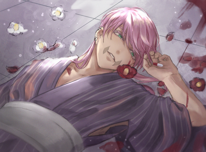 1boy aqua_eyes blood_on_ground camellia ciao3030 dutch_angle ear_piercing eyelashes flower from_above hand_up head_tilt highres japanese_clothes kimono looking_ahead lying male_focus medium_hair obi on_back on_floor parted_lips piercing pill pink_hair purple_kimono red_flower sanzu_haruchiyo sash scar scar_on_face solo teeth tokyo_revengers upper_body white_flower