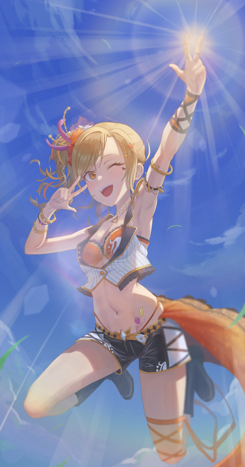 1girl absurdres armlet armpits black_footwear black_shorts blonde_hair boots bra breasts cleavage commentary_request copyright_name facial_tattoo groin hair_ornament heart heart_tattoo highleg highleg_panties highres jumping knee_boots looking_at_viewer love_live! love_live!_nijigasaki_high_school_idol_club meccha_going!! medium_breasts midriff miyashita_ai navel one_eye_closed open_mouth orange_bra orange_eyes panties shorts side_ponytail solo star_(symbol) star_hair_ornament stomach_tattoo string_panties striped_clothes striped_vest sunkeun04 tattoo underwear upper_body vertical-striped_clothes vertical-striped_vest vest w w_over_eye