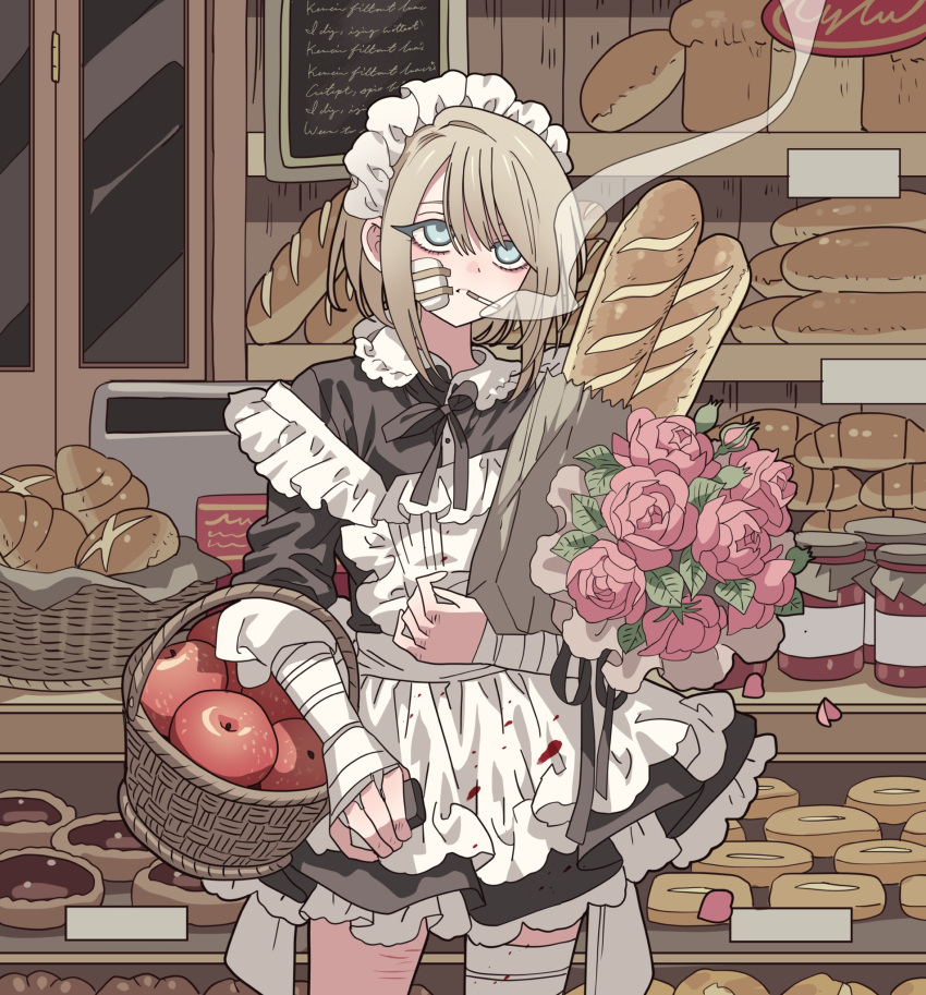 1girl apple apron bad_id bad_twitter_id bag baguette bandaged_arm bandaged_leg bandages basket black_dress black_ribbon blonde_hair blood blood_on_clothes bloodshot_eyes blue_eyes bouquet bread bread_bun cigarette collared_dress cowboy_shot croissant dress flower food frilled_apron frills fruit gauze_on_cheek highres holding holding_bag holding_basket holding_bouquet jar loaf_of_bread looking_up maid maid_apron maid_headdress meremero neck_ribbon original outdoors paper_bag pink_flower pink_rose red_apple ribbon rose smoke smoking solo standing storefront white_apron