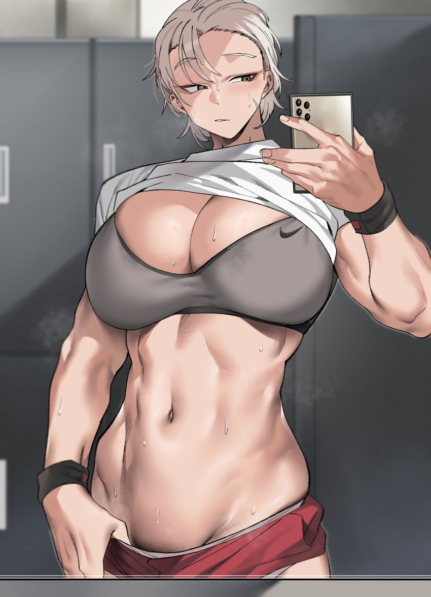 1girl black_wristband blonde_hair breasts buruma clothes_lift clothes_pull grey_sports_bra highres large_breasts locker locker_room mirror nike_(company) original pubic_stubble pulled_by_self red_shorts scar scar_on_face selfie shirt shirt_lift short_hair shorts shorts_pull sports_bra steaming_body sweat toned toned_female urec white_shirt wristband