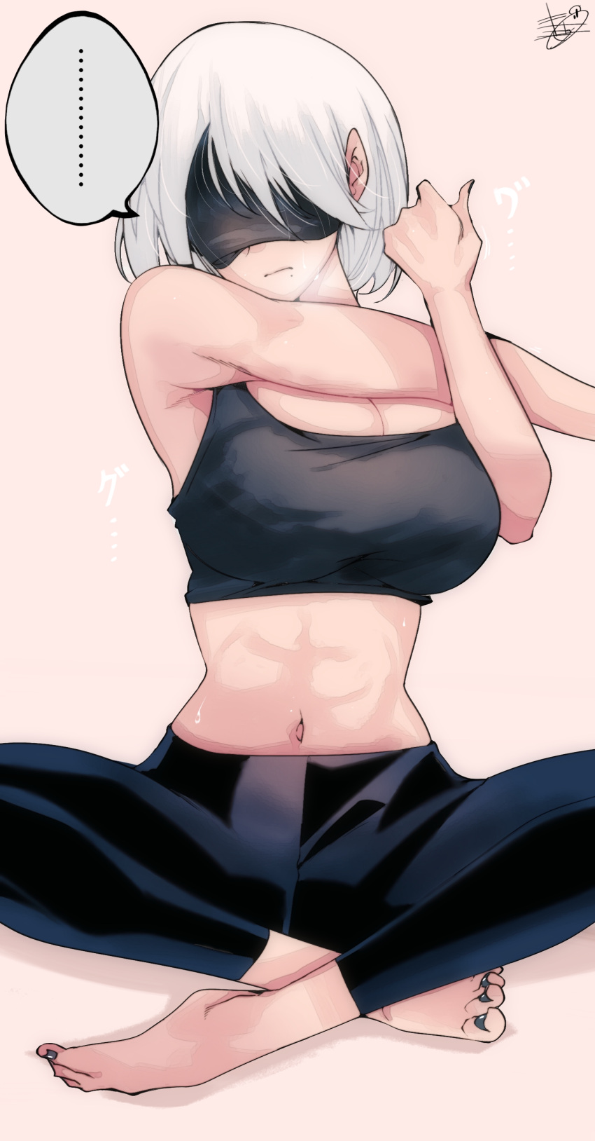 ... 1girl 2b_(nier:automata) abs absurdres barefoot black_sports_bra blindfold breasts covered_eyes crossed_legs highres kinakomochi_(user_vedc2333) midriff mole mole_under_mouth navel nier:automata nier_(series) pants short_hair sitting solo spoken_ellipsis sports_bra stomach stretching white_hair yoga_pants