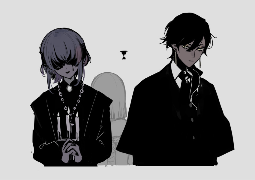 1boy 2girls 7wata_himori black_coat black_lips candelabra candlestand closed_mouth coat collared_shirt dark-skinned_female dark-skinned_male dark_skin eye_mask fate/prototype fate/prototype:_fragments_of_blue_and_silver fate_(series) grey_background hair_between_eyes hassan_of_serenity_(fate) jewelry multiple_girls necklace necktie ozymandias_(fate) purple_eyes sajou_manaka shirt short_hair simple_background upper_body yellow_eyes