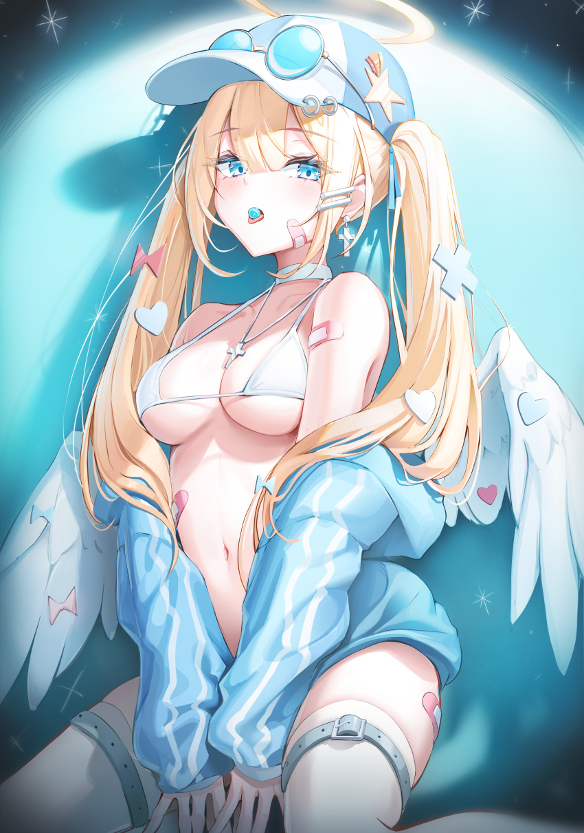 1girl absurdres angel_wings bandaid bandaid_on_face bare_shoulders baseball_cap bikini blonde_hair blue-tinted_eyewear blue_eyes blue_hoodie breasts clothes_down cross cross_necklace eyewear_on_headwear feathered_wings hat highres hood hoodie jewelry kira_(kira78718520) large_breasts long_hair looking_at_viewer navel necklace original round_eyewear solo sunglasses swimsuit thighhighs tinted_eyewear twintails white_bikini white_thighhighs white_wings wings