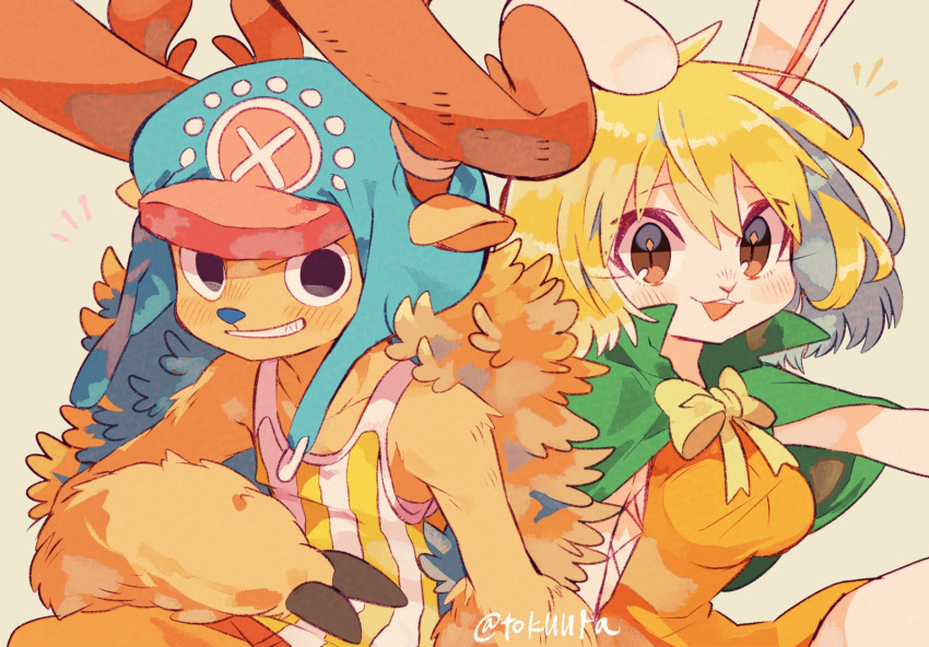 1boy 1girl alternate_form animal_ears antlers blonde_hair brown_eyes cape carrot_(one_piece) close-up commentary cross dress green_cape hat highres horns looking_at_viewer notice_lines one_piece orange_dress rabbit_ears rabbit_girl reindeer_antlers shirt short_hair simple_background smile striped_clothes striped_shirt tokuura tony_tony_chopper twitter_username upper_body vertical-striped_clothes vertical-striped_shirt