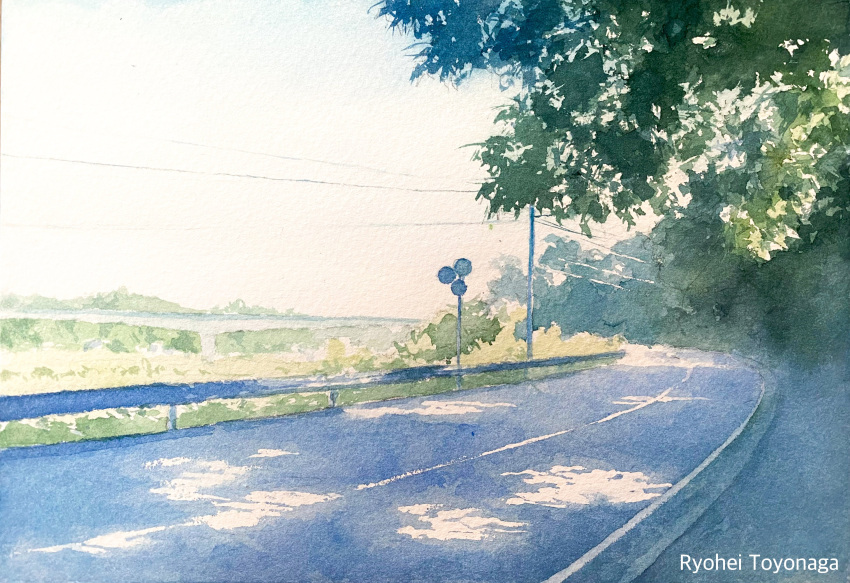 absurdres dappled_sunlight dark day highres highway no_humans original painting_(medium) road road_sign scenery shadow sign sunlight toyonaga_ryouhei traditional_media tree tree_shade watercolor_(medium)