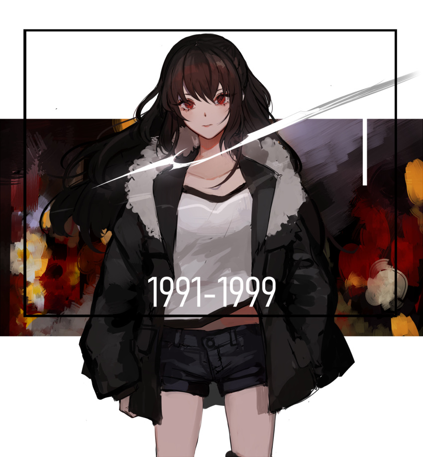 1girl 7wata_himori black_hair black_jacket black_shorts closed_mouth fate/prototype fate_(series) fur-trimmed_jacket fur_trim hand_in_pocket highres inset_border jacket letterboxed long_hair long_sleeves looking_at_viewer midriff_peek open_clothes open_jacket red_eyes reiroukan_misaya shirt short_shorts shorts solo white_shirt