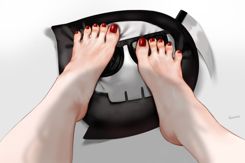 1girl artist_name barefoot broken_eyewear death-sensei_(mori_calliope) easonx english_commentary feet feet_only hololive hololive_english mori_calliope nail_polish red_nails scythe shadow solo spread_toes stepped_on toenail_polish toenails toes virtual_youtuber