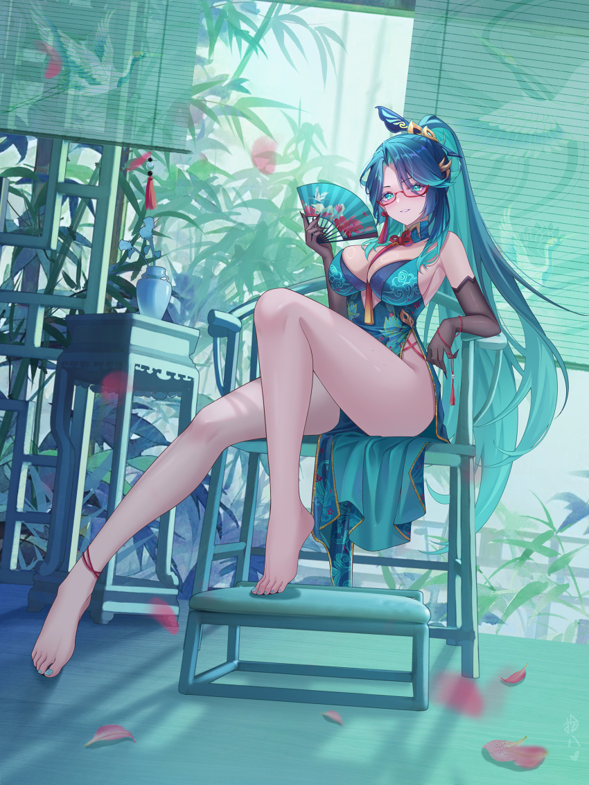 1girl absurdres aqua_dress aqua_eyes aqua_hair aqua_nails bare_legs bare_shoulders barefoot black_gloves blue_hair breasts china_dress chinese_clothes colored_inner_hair dress earrings elbow_gloves elbow_rest falling_petals genshin_impact gloves green_hair hair_between_eyes hair_ornament hair_stick hand_fan highres holding holding_fan jewelry juuhachi_kin_(anthonyy1821) large_breasts long_hair long_legs looking_at_viewer multicolored_hair nail_polish parted_bangs parted_lips petals ponytail print_dress red-framed_eyewear semi-rimless_eyewear shutter_shades sitting smile solo tassel tassel_earrings thighs tiptoes toenail_polish toenails toes very_long_hair xianyun_(genshin_impact)