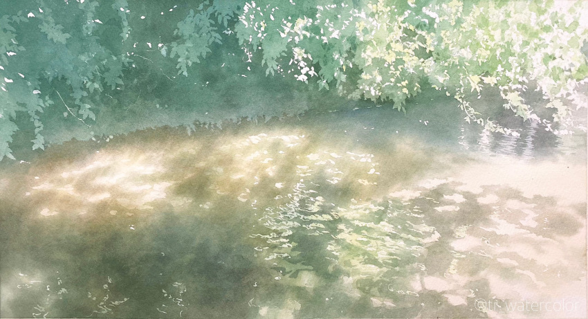 dappled_sunlight dark highres no_humans original painting_(medium) pond reflection reflective_water scenery shadow sunlight toyonaga_ryouhei traditional_media tree tree_shade water watercolor_(medium)