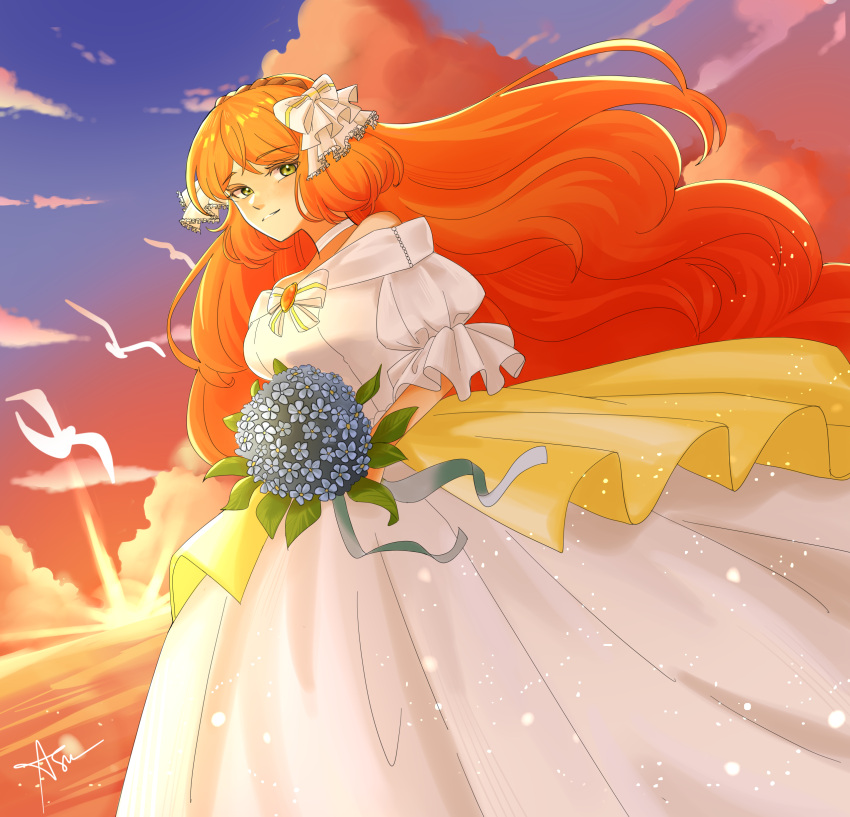 1girl absurdres asu_0602 bird bouquet bow bowtie bride choker dress flower gem green_eyes highres holding holding_bouquet ishmael_(project_moon) limbus_company off_shoulder orange_hair project_moon ribbon solo wedding wedding_dress white_bow white_bowtie white_choker