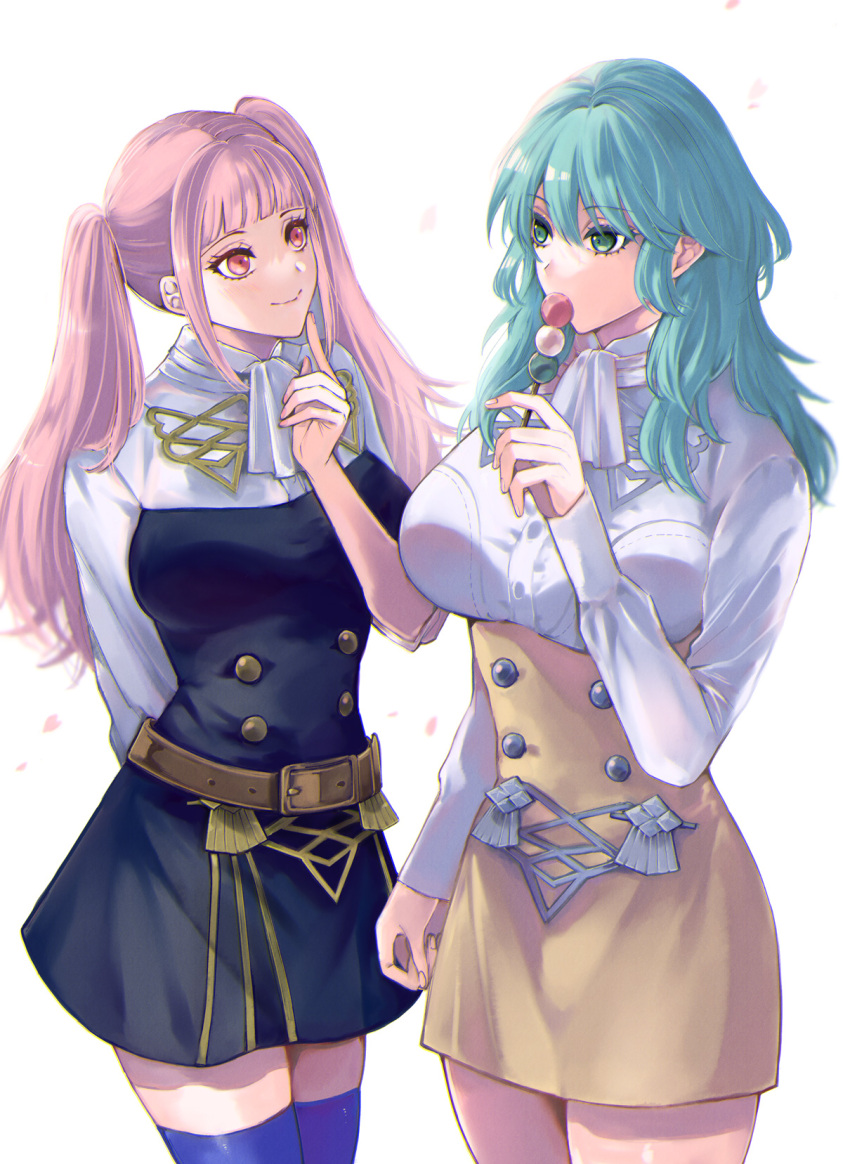 2girls arm_behind_back ascot belt blue_thighhighs breasts brown_belt brown_skirt buttons byleth_(female)_(fire_emblem) byleth_(fire_emblem) closed_mouth dango enlightened_byleth_(female) fire_emblem fire_emblem:_three_houses food garreg_mach_monastery_uniform green_eyes grey_hair high-waist_skirt highres hilda_valentine_goneril holding holding_food large_breasts long_hair looking_at_another mokichi_xx multiple_girls simple_background skirt smile thighhighs twintails uniform wagashi white_ascot white_background