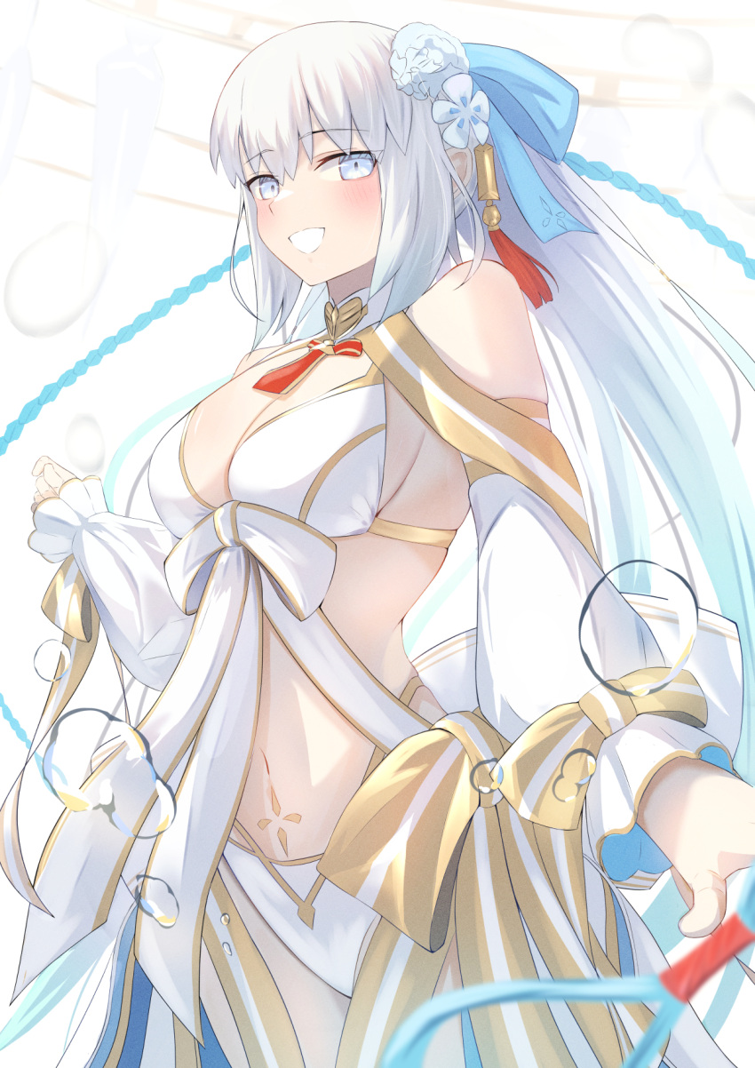 1girl bare_shoulders bikini blue_eyes blue_hair braid breasts cleavage detached_sleeves fate/grand_order fate_(series) flower french_braid gold_trim hair_flower hair_ornament hair_ribbon highres large_breasts long_hair long_skirt long_sleeves looking_at_viewer morgan_le_fay_(fate) morgan_le_fay_(water_princess)_(fate) navel ponytail puffy_long_sleeves puffy_sleeves revision ribbon sidelocks skirt smile solo stomach_tattoo swimsuit tattoo thighlet twin_braids umi_endu very_long_hair white_bikini white_hair white_skirt