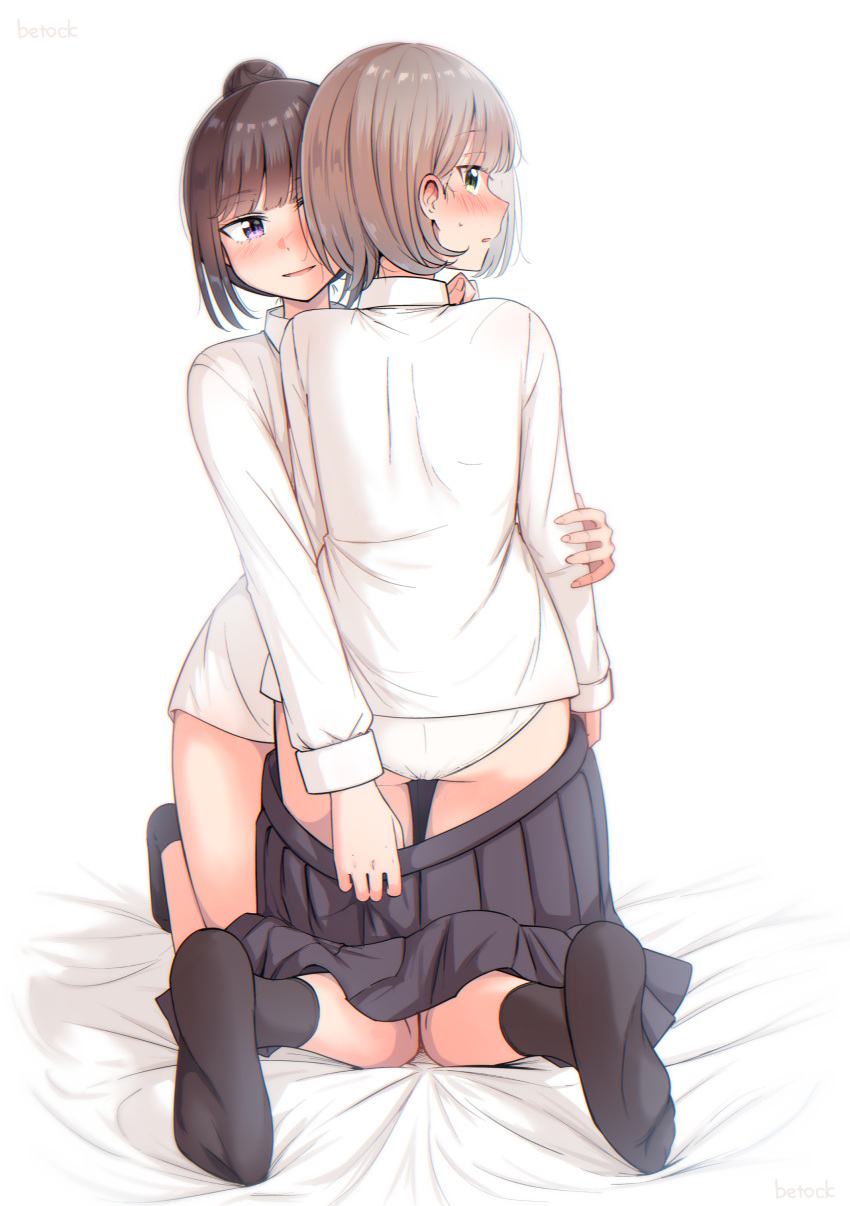 2girls absurdres ass betock black_skirt black_socks blush collared_shirt commentary_request green_eyes grey_hair hair_bun highres kneehighs kneeling long_sleeves looking_at_viewer multiple_girls no_shoes open_mouth original panties parted_lips pleated_skirt purple_eyes school_uniform shirt single_hair_bun skirt socks sweatdrop underwear undressing_another white_panties white_shirt yuri