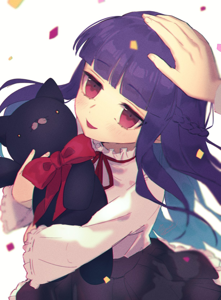 1boy 1girl black_skirt blue_hair blush confetti cray_nero headpat highres holding holding_stuffed_toy idolmaster idolmaster_cinderella_girls idolmaster_cinderella_girls_starlight_stage long_hair looking_at_viewer neck_ribbon open_mouth red_eyes red_ribbon ribbon sajo_yukimi shirt skirt smile solo_focus stuffed_animal stuffed_cat stuffed_toy white_shirt