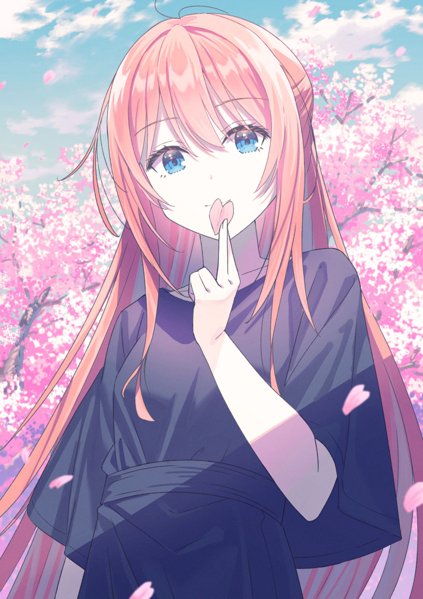 1girl belt black_dress blue_eyes cherry_blossoms cloud cloudy_sky day dress falling_petals highres holding holding_petal koh_rd long_hair looking_at_viewer original outdoors petals pink_hair sky solo wide_sleeves