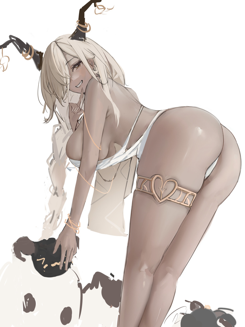 1girl absurdres ass az65965378 azur_lane bent_over braid breasts brown_horns commentary dark-skinned_female dark_skin hair_over_one_eye hanging_breasts highres horn_ornament horns large_breasts large_horns long_hair looking_at_viewer low_twin_braids official_alternate_costume owari_(azur_lane) owari_(shimmering_forsythia)_(azur_lane) revealing_clothes sheep sketch thighlet twin_braids very_long_hair yellow_eyes