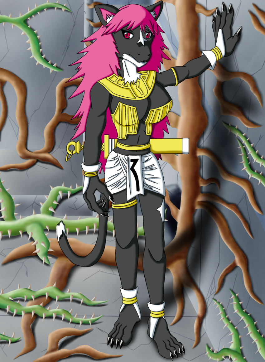 anthro big_breasts black_body black_tail breasts claws clothed clothing cracks felid feline female hair hi_res jewelry king_of_thorn kisuzu_rumina leg_markings long_hair mammal markings melee_weapon multicolored_body pink_hair red_eyes roots scabbard solo sword tail thigh_markings thorns wall_(structure) weapon yellow_clothing zeus_female zeus_genus