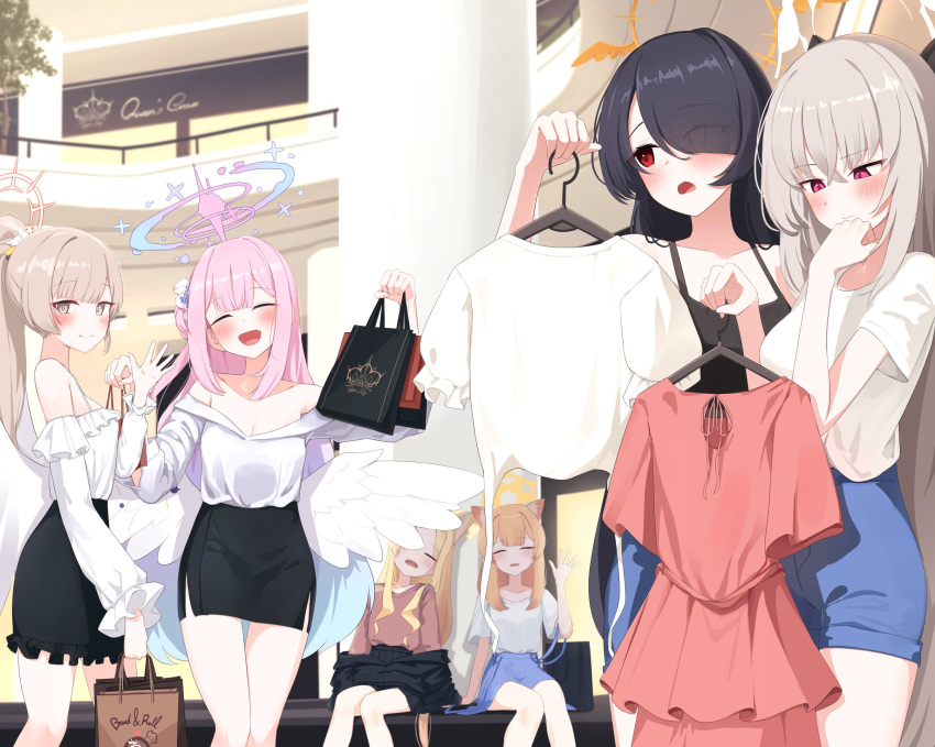 6+girls alternate_costume angel_wings animal_ears bag black_hair blonde_hair blue_archive blush breasts brown_eyes brown_hair casual cat_ears cleavage closed_eyes closed_mouth clothes_rack daran9 feathered_wings fox_ears grey_hair hair_bun hair_over_one_eye halo highres hinata_(blue_archive) holding holding_bag long_hair mall mari_(blue_archive) mika_(blue_archive) multiple_girls nagisa_(blue_archive) open_mouth pencil_skirt pink_hair ponytail red_eyes sakurako_(blue_archive) seia_(blue_archive) shopping_bag sitting skirt storefront wings yellow_halo