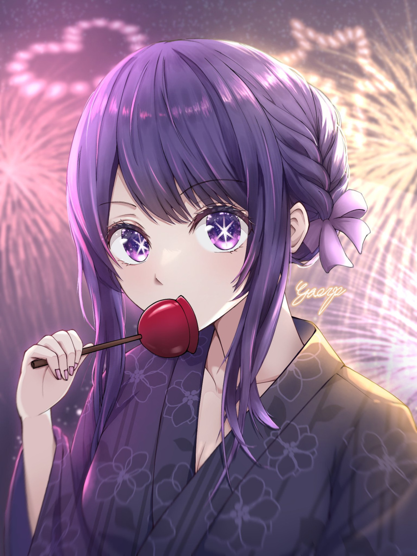 1girl aerial_fireworks breasts candy_apple cleavage commentary fireworks floral_print floral_print_kimono food gaerp4 hair_ribbon highres holding holding_food hoshino_ai_(oshi_no_ko) japanese_clothes kimono large_breasts nail_polish oshi_no_ko pink_nails print_kimono purple_eyes purple_hair purple_kimono purple_ribbon ribbon sidelocks signature solo star-shaped_pupils star_(symbol) symbol-shaped_pupils upper_body