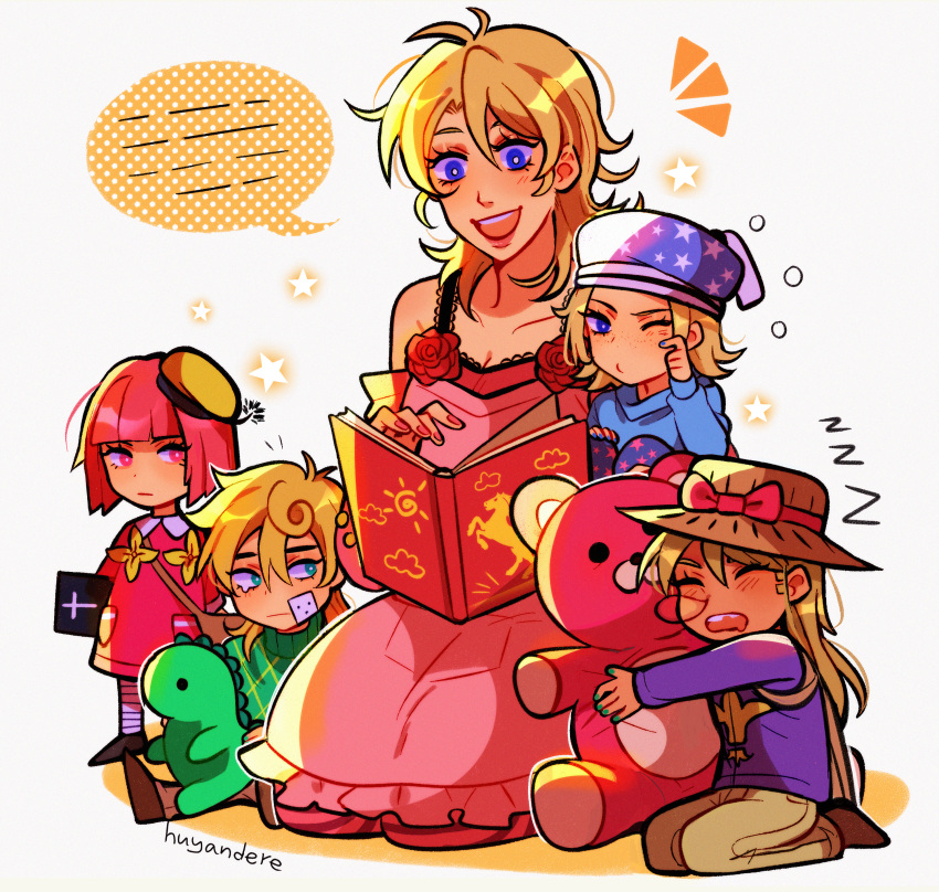 2girls 3boys absurdres aged_down bandaid bandaid_on_cheek bandaid_on_face blonde_hair blue_eyes blue_nails bob_cut book bow child commentary cowboy_hat diego_brando dress english_commentary green_eyes gyro_zeppeli hat hat_bow highres holding holding_book hot_pants_(sbr) huyandere johnny_joestar jojo_no_kimyou_na_bouken long_hair lucy_steel multiple_boys multiple_girls nose_bubble one_eye_closed pink_dress pink_eyes pink_hair reading seiza sideburns sitting sleeping star_(symbol) steel_ball_run stuffed_animal stuffed_dinosaur stuffed_toy teddy_bear tilted_headwear zzz