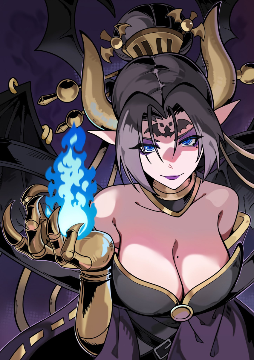 1girl bare_shoulders bat_wings black_hair blue_eyes blue_fire breasts claws cleavage currynoodle_art demon demon_girl demon_wings digimoji digimon digimon_(creature) eyeshadow facial_mark fallen_angel fire forehead_mark forehead_tattoo hair_ornament highres horns large_breasts lilithmon lipstick looking_at_viewer makeup mole mole_on_breast pierced_wings pointy_ears purple_eyeshadow purple_lips short_hair smile solo wings