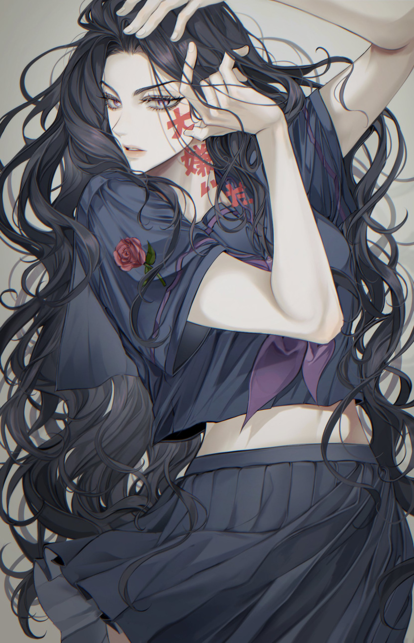 1girl absurdres black_shirt black_skirt cowboy_shot diamond_wa_kudakenai flower grey_background grey_eyes highres jojo_no_kimyou_na_bouken long_hair looking_at_viewer madengx messy_hair midriff neckerchief parted_lips purple_neckerchief red_flower red_rose rose school_uniform shirt skirt translation_request very_long_hair yamagishi_yukako