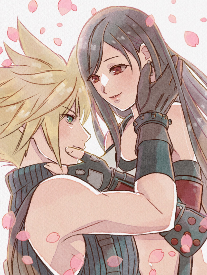 1boy 1girl bare_shoulders black_gloves black_hair blonde_hair blue_eyes blush brown_gloves brown_hair closed_mouth cloud_strife commentary_request couple crop_top earrings elbow_gloves falling_petals final_fantasy final_fantasy_vii final_fantasy_vii_rebirth final_fantasy_vii_remake fingerless_gloves gloves hand_on_another's_cheek hand_on_another's_face highres jewelry lips long_hair looking_at_another midriff parted_lips petals red_eyes rena_s1226 short_hair single_earring sleeveless sleeveless_turtleneck smile spiked_hair suspenders sweater tank_top tifa_lockhart turtleneck turtleneck_sweater upper_body white_tank_top