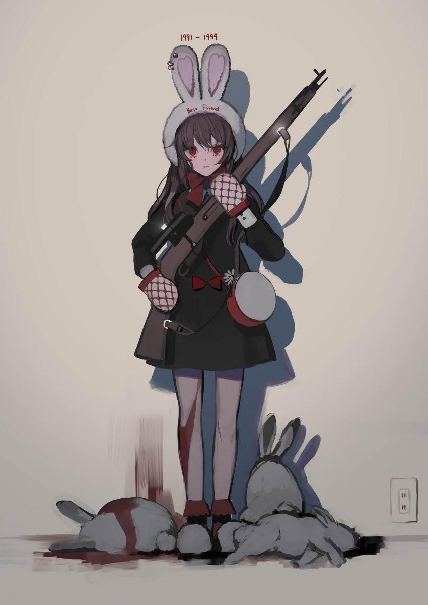 1girl 7wata_himori animal_ear_headwear animal_ears bag black_dress blood bolt_action bow bowtie brown_hair closed_mouth dead_animal dress electrical_outlet expressionless fate/prototype fate/prototype:_fragments_of_blue_and_silver fate_(series) full_body gun highres holding holding_gun holding_weapon long_hair looking_at_viewer mittens rabbit rabbit_ears red_bow red_bowtie red_eyes reiroukan_misaya rifle shadow simple_background solo weapon