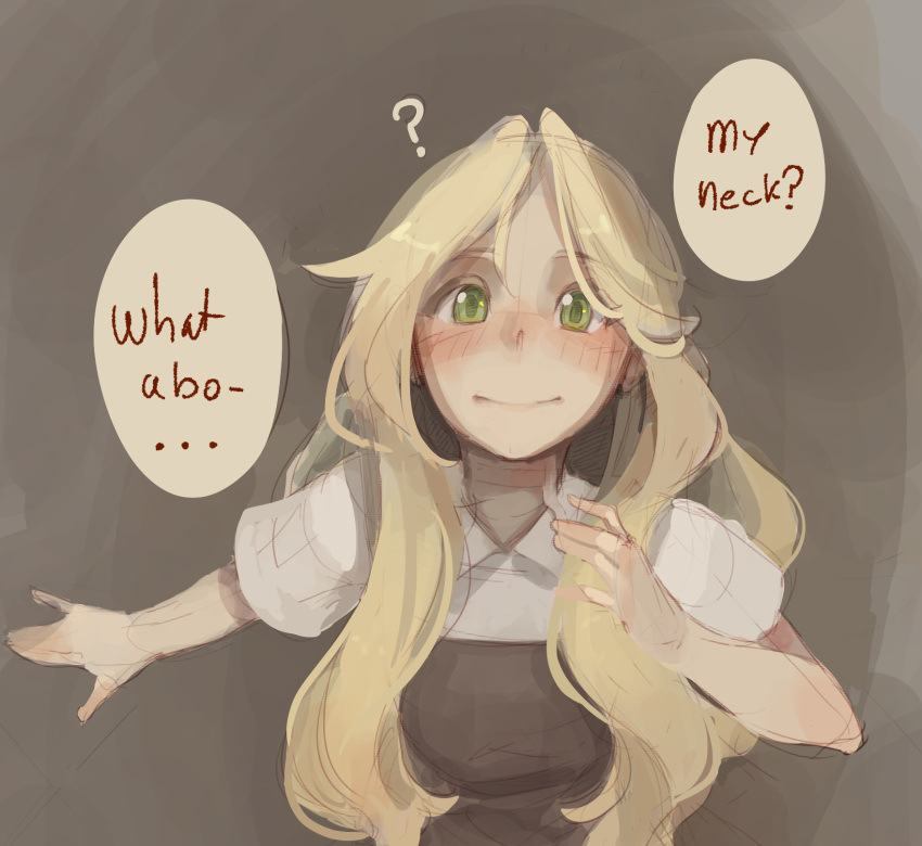 1girl after_sex apron blonde_hair blush brown_apron commentary cum cum_on_neck dress english_commentary english_text facing_viewer freckles green_eyes highres long_hair open_mouth original short_sleeves solo speech_bubble standing sushoartworks white_dress
