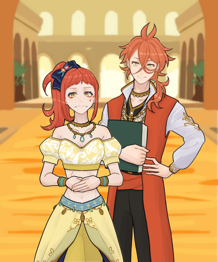 1boy 1girl alternate_hairstyle arabian_clothes book brother_and_sister commentary_request crop_top eyeshadow fire_emblem fire_emblem_engage hahm0106 hair_ornament hair_ribbon hand_on_own_hip highres holding holding_book jewelry looking_at_viewer makeup medium_hair midriff navel off-shoulder_shirt off_shoulder official_alternate_costume orange_hair pandreo_(fire_emblem) panette_(fire_emblem) ponytail ribbon shirt short_bangs siblings side_ponytail smile stomach yellow_eyes